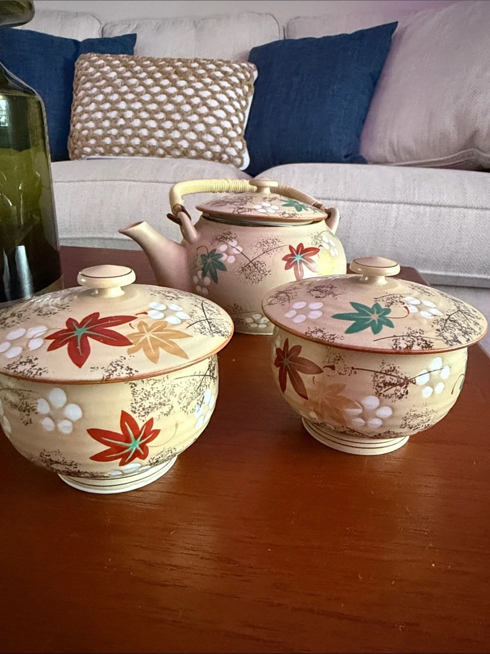 Cream Ceramic Teapot and Lidded Bowls Set with Floral Accents